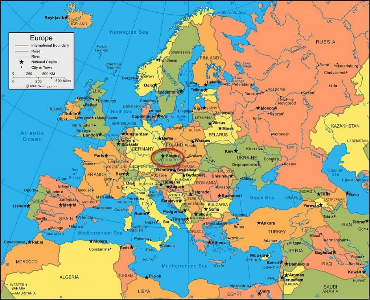 mappa dell'europa che mostra praga